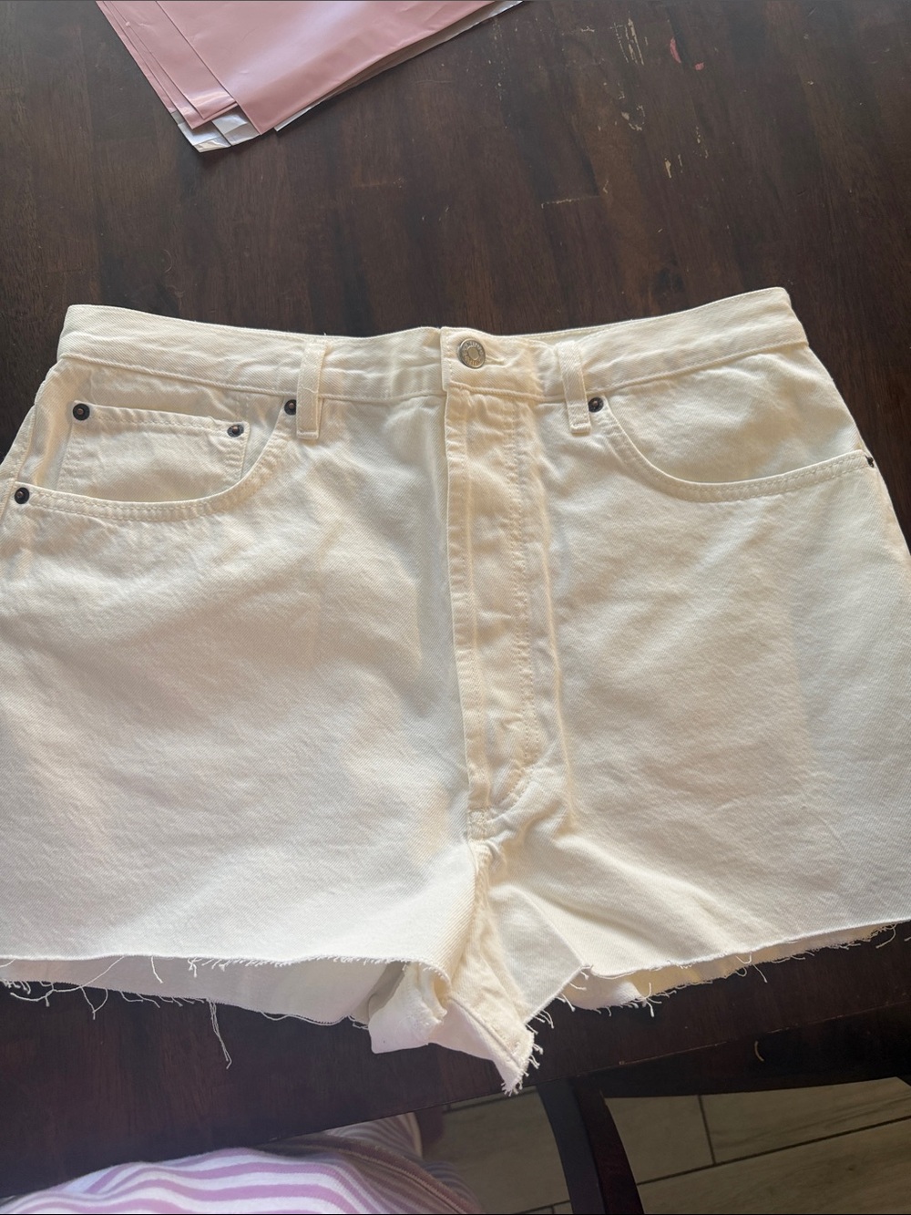 nuuds Cream High-Rise Raw Hem Denim Shorts